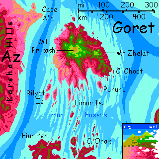 Map of Goret Island, a shield volcano rising from shallow water on Capsica, a small world hotter and drier than Earth.