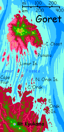 Map of northern Cape Fiur on Kifura and Goret Island, a shield volcano rising from shallow water, on Capsica, a small world hotter and drier than Earth.