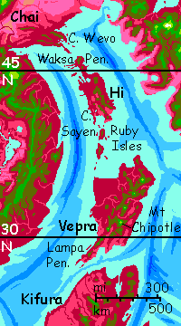 Map of Hi and Vepra, mountainous New Zealand-like islands linking the continents of Chai and Kifura, on Capsica, a small world hotter and drier than Earth.