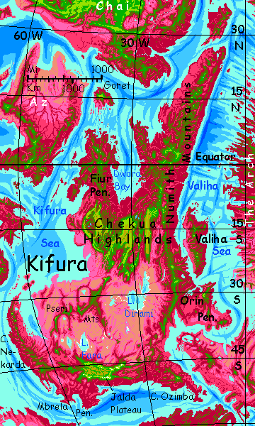 Map of Kifura, a large equatorial continent on Capsica, a small world hotter and drier than Earth.