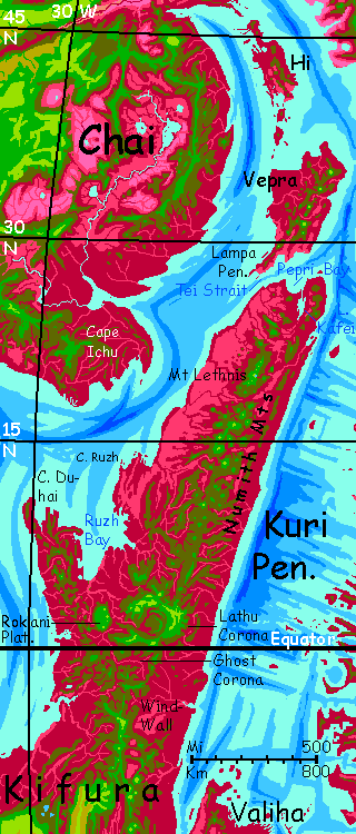 Map of northern Kifura, a large equatorial continent on Capsica, a small world hotter and drier than Earth.