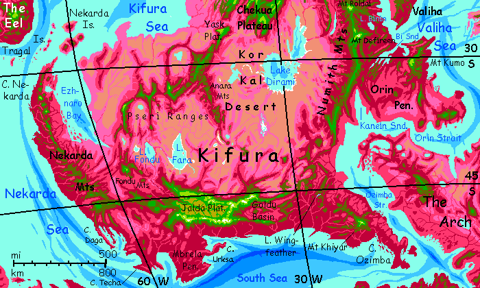 Map of southern Kifura, a large equatorial continent on Capsica, a small world hotter and drier than Earth.