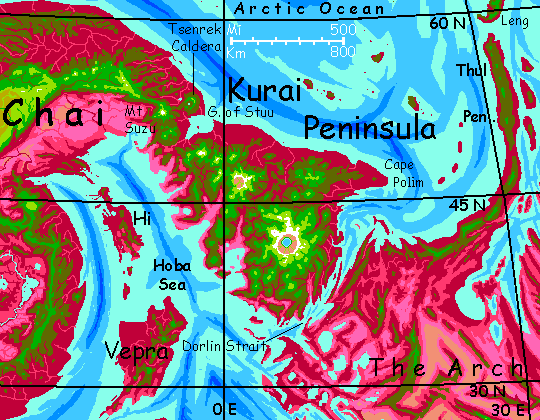Map of the Kurai Peninsula, a chain of shield volcanoes like Hawaii but in shallow water, on Capsica, a small world hotter and drier than Earth.