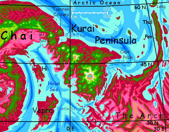 Map of the Kurai Peninsula, a chain of shield volcanoes like Hawaii but in shallow water, on Capsica, a small world hotter and drier than Earth.