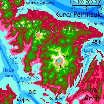 Map of shield volcanoes of Kurai Peninsula, on Capsica, a hot planet.