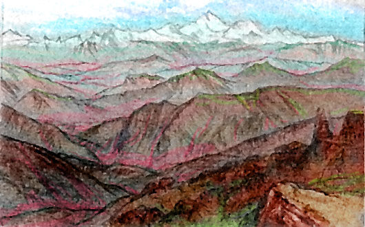 Color pencil sketch of the central Kurai Peninsula mountains. Kurai is a volcanic region on Capsica, a small world hotter and drier than Earth.