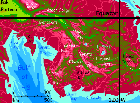 Map of east-central Maisila, the base of a jungled peninsula, on Capsica, a small world hotter and drier than Earth.