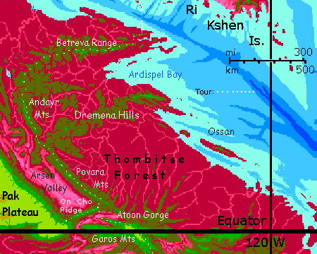 Map of east-central Maisila, the base of a jungled peninsula, on Capsica, a small world hotter and drier than Earth.