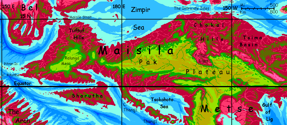 Map of western Maisila, a tropical subcontinent on Capsica, a small world hotter and drier than Earth.