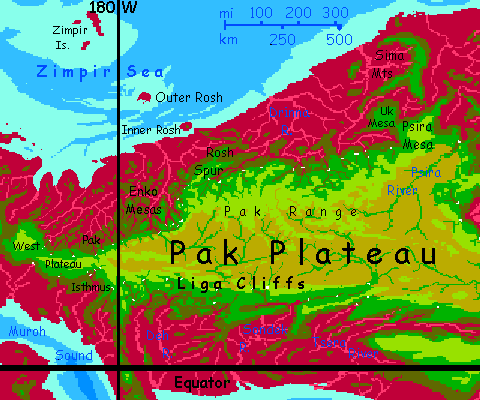 Map of northwest Maisila, a jungle peninsula on Capsica, a small world hotter and drier than Earth.