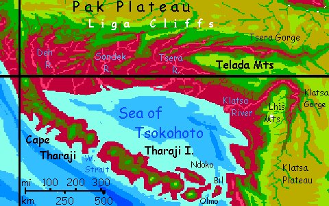 Map of southwest Maisila, a tropical subcontinent on Capsica, a small world hotter and drier than Earth.