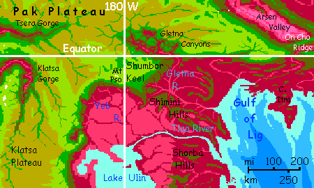 Map of southeast Maisila, a tropical subcontinent on Capsica, a small world hotter and drier than Earth.