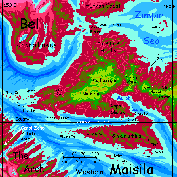 Map of far-west Maisila, a jungle peninsula on Capsica, a small world hotter and drier than Earth.