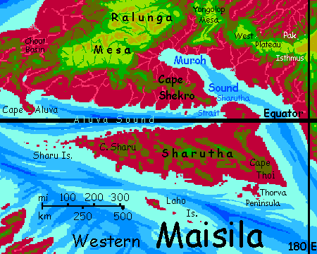 Map of Shautha off southwest Maisila, a jungle peninsula on Capsica, a small world hotter and drier than Earth.