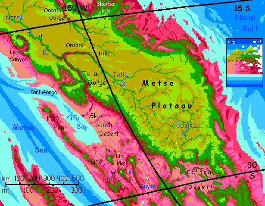 Map of central Metse, a huge isthmus on Capsica, a small world hotter and drier than Earth.