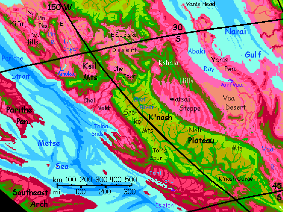 Map of southern Metse, a huge isthmus on Capsica, a small world hotter and drier than Earth.