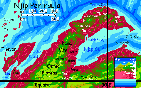 Map of equatorial Cape Njip, in the northern Crunch, on Capsica, a small world hotter and drier than Earth.