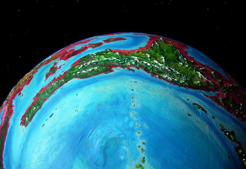 Orbital photo of Arctic Ocean and eastern Bel, a sprawling subarctic continent on Capsica, a small world hotter & drier than Earth.