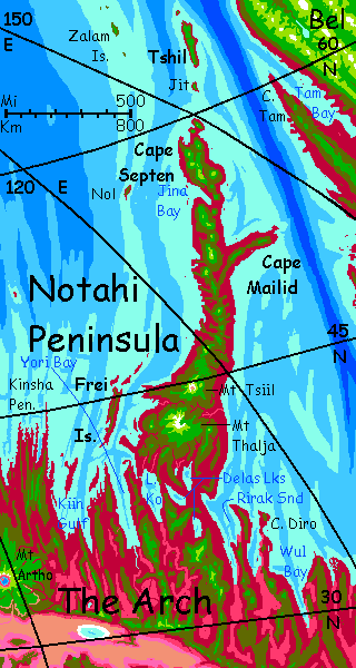 Map of Notahi, a shield-volcano chain forming a peninsula on Capsica, a hot planet.