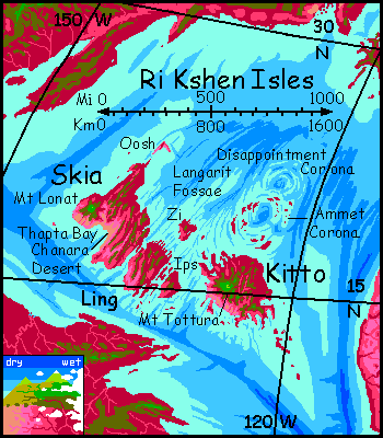Map of the Ri Kshen Isles, shield volcanoes rising from shallow water on Capsica, a small world hotter and drier than Earth.