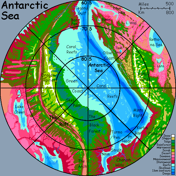 Map of south polar region on Capsica, a model of a hot world: average temperature 50 C or 122 F. Antarctic Sea, Hithluma Plateau, Dragonspine Mts.