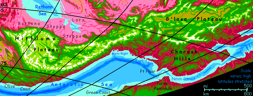 Map of Hithluma and G'lasa Plateaus in the south polar region of Capsica, a model of a hot world.