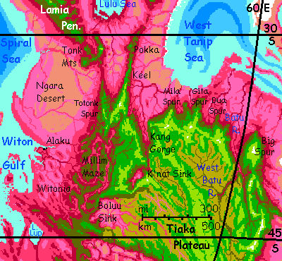 Map of northern Tiak Plateau, southwestern Crunch, on Capsica, a small world hotter and drier than Earth.