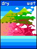 Pictograph showing terrain colors on Capsica. Drylands on left and wet on right; lowlands are red, mid-heights olive, highlands green. Capsica is a small world hotter and drier than Earth.