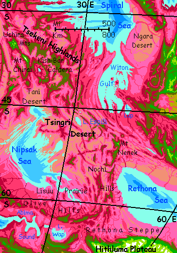 Map of the Tsingri Desert, southwestern Crunch, on Capsica, a small world hotter and drier than Earth.