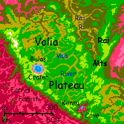Map of far western Volia, a subcontinent of Capsica, a small world hotter and drier than Earth.