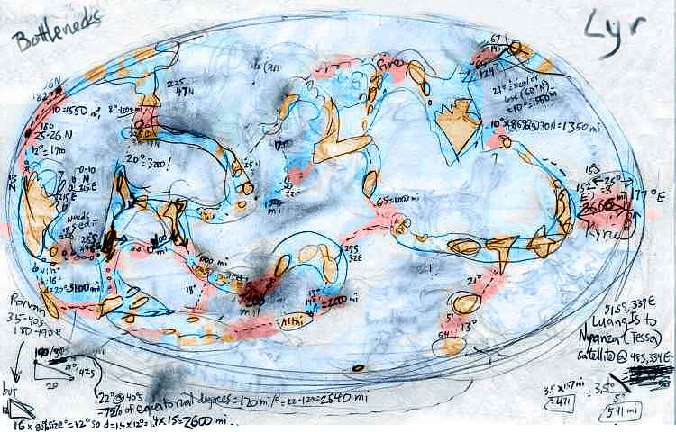 sketchmap of the dangerous points on the flyways of Lyr, a sea-world with scattered islands.