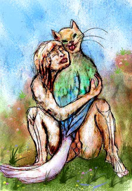 Daydream image; I fondle a bird-cat-creature in my lap who licks my cheek.