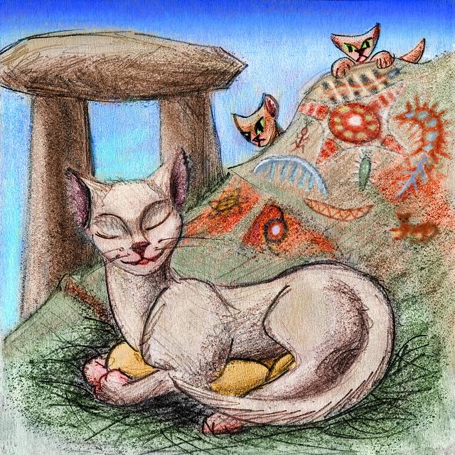 A white cat on a nest of cat eggs; Chumash rock art in background. Dream sketch by Wayan. Click to enlarge.