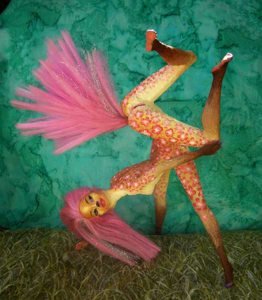 Barbie sculpture illustrating a dream by Chris Wayan: a gracile centauroid dancer, Fuchsia, doing a handstand.