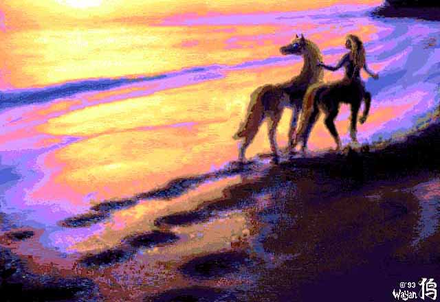 Siblings in an equine/human mixed-race family walk on a beach at sunset, one a talking horse, one centauroid.
