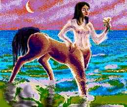Sunset. Crescent moon on horizon. Centaur woman holding a pale rose walks out of sea.