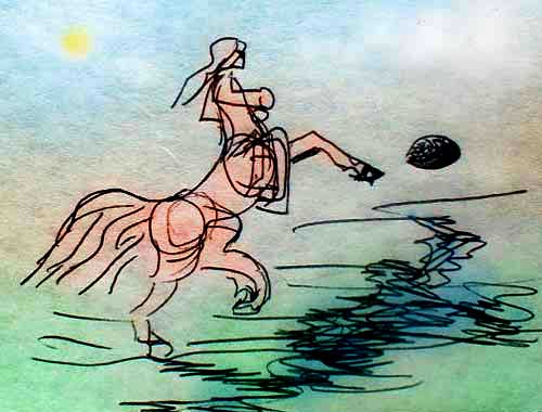 Centaur rears up to kick a high soccer ball