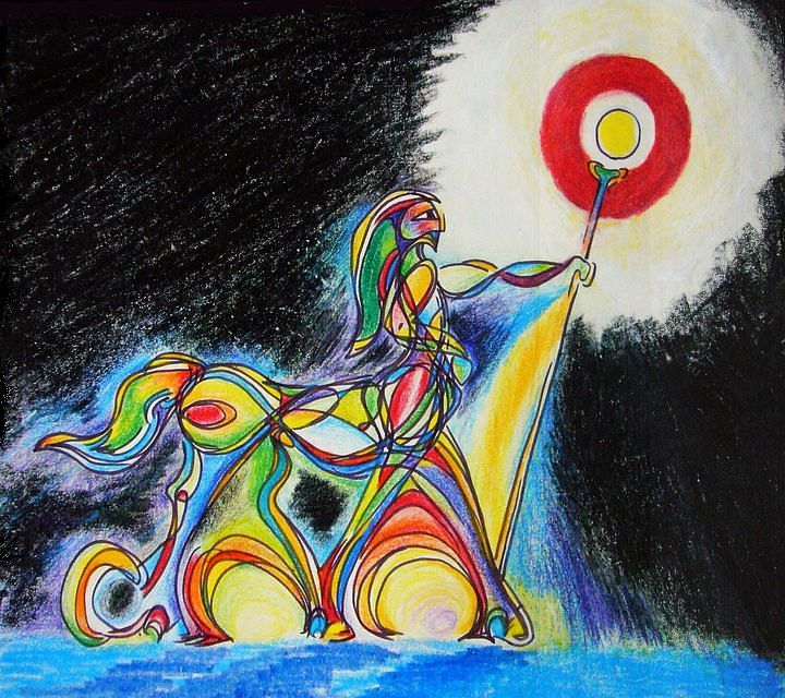 In a field, a male centaur in profile raises a staff capped by a globe of gold light. Ink & crayon by Wayan. Click to enlarge.