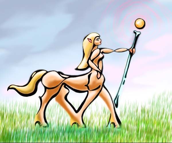 In a field, a female centaur in profile raises a staff capped by a globe of gold light. Ink sketch by Wayan.