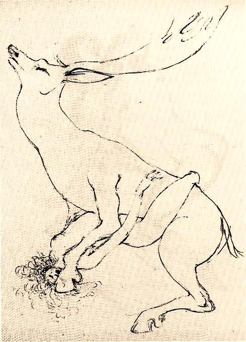 'Le Cerf (The Stag)', 1966 drawing by Leonor Fini. Click to enlarge.