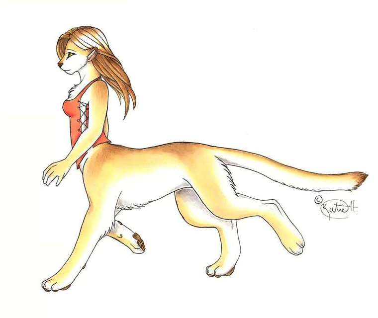 My dream self, a 'chakat'--a cat-centauroid, with leonine pelt, face, and main torso, but humanoid hair, forearms, and breasts. Shown in profile facing left, I'm female, tawny-backed with a white belly and long loose brown hair; on my upper torso, I'm wearing a red vest lacing loosely up the side; just fur elsewhere.