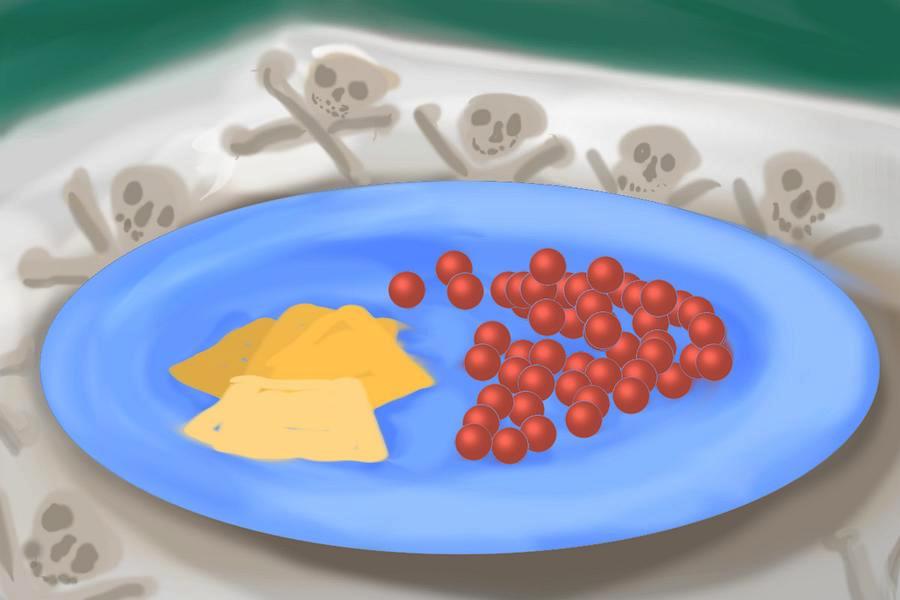 Grapes and sliced cheese on a plate. Skull-and-bones tablecloth. Dream sketch by Wayan.