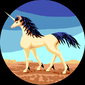 The rare Unicornus coconensis, the Four Corners unicorn, in profile before desert mesas; blond with black mane and tail.