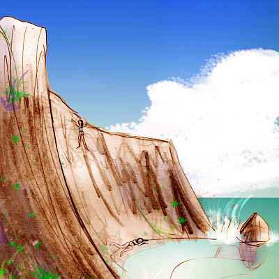 Sketch of cliffwalled cove with girl clinging to cliff.