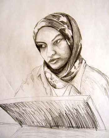 Pencil sketch of student with scarf frowning at her drawing pad. Click to enlarge.