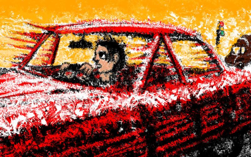I drive a red car backward at freeway speed toward a stoplight. Sketch of a dream by Wayan. Click to enlarge.