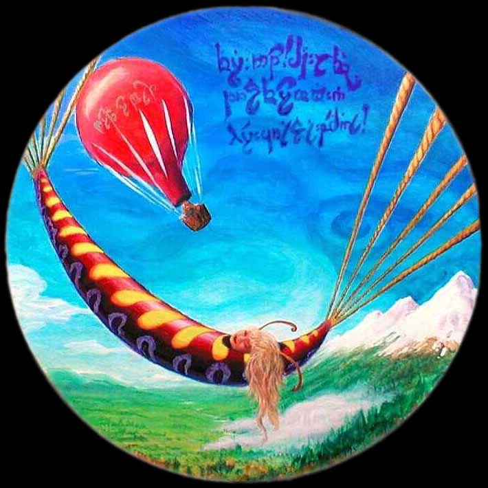 ballooning over Middle Earth, I meet a girl in a cocoon, metamorphosing. Dream painting by Wayan; click to enlarge.