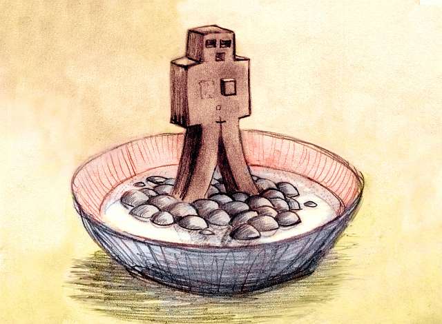 Sketch of a dream by Wayan: a blocky clay figurine of a woman with one breast stands on an island of pebbles in a bowl of water.