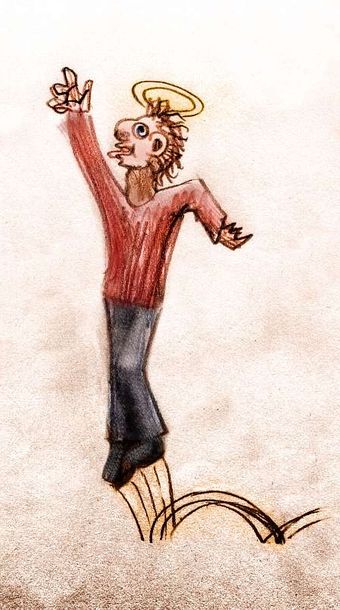 Sketch of a dream by Wayan: a goofy-looking man with a halo, hopping
