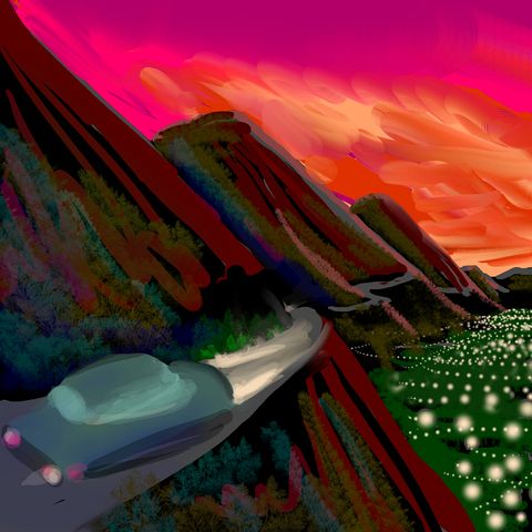 Sunset, car winds along mountain-flanks above huge city. Dream sketch by Wayan. Click to enlarge.
